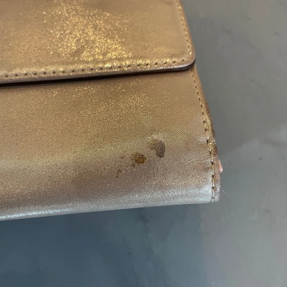 Coach Metallic Champagne Gold Leather Slim Envelope Turnlock Wallet Pink FLAW